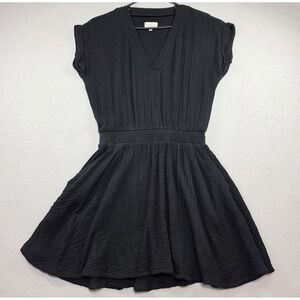 LOU & GREY Black Gauze Cotton V-Neck Smocked Waist Mini Dress Size S Boho Casual